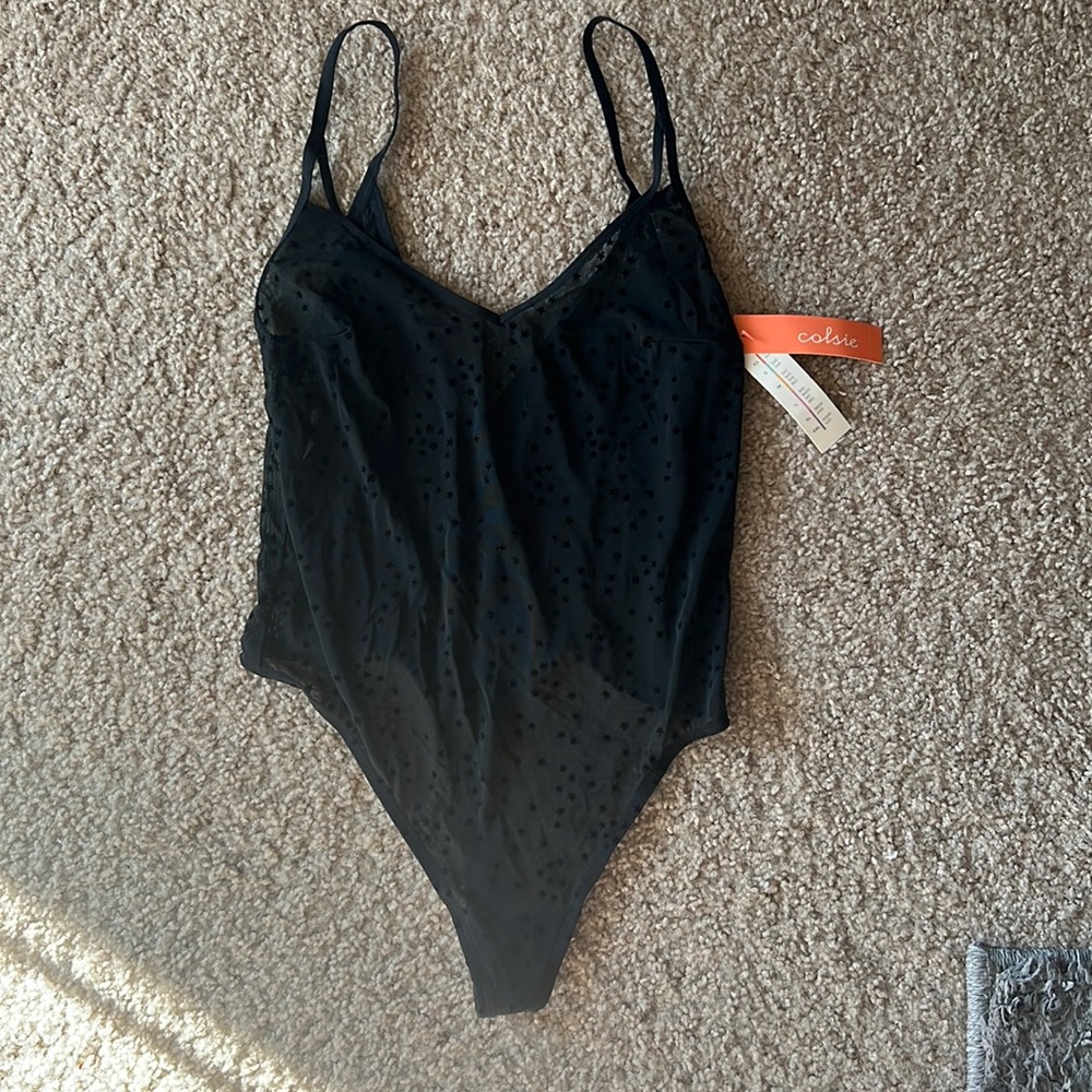 Colsie Sheer Black Bodysuit Velvet Star detail summer music festival top